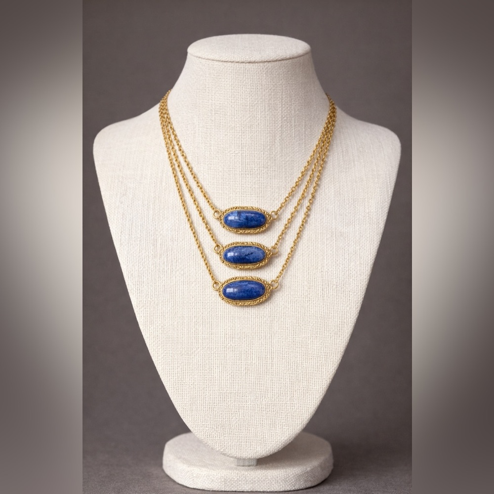 90s 00s Gold & Sodalite-style blue gemstone Necklace 3 in 1 layered. - Picture 3 of 7